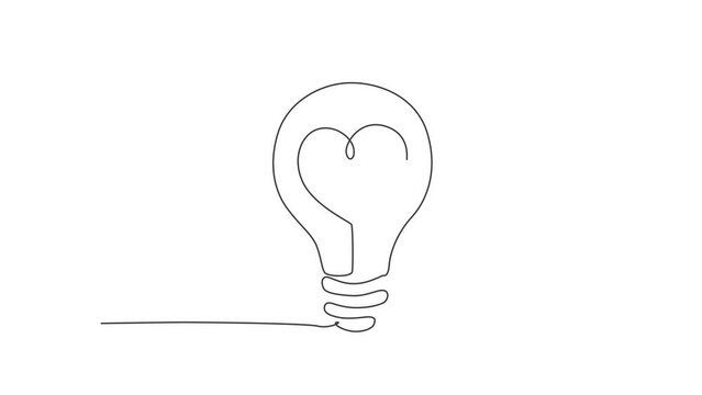 Animated self drawing of single continuous line draw lightbulb with love heart shaped for cupid company logo label. Power romantic logotype symbol template concept. Full length one line animation.