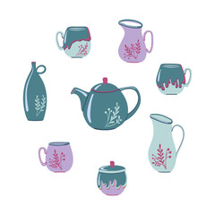 Beautiful ceramic tea set. Porcelain crockery.  Colorful tableware icon set. Hand drawn flat style vector illustrations.
