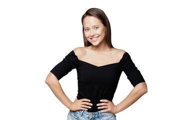 Young woman smiling posing looking into camera, isolated, transparent background, png.