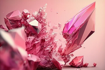 Beautiful abstract background with pink crystals. Mysterious gemstones, minerals. Magic crystal cluster. Close-up view. Generative AI.