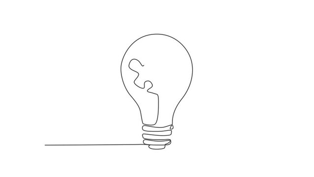 Animation of one single line drawing of lightbulb with piece of puzzle inside for creative company logo identity. Innovation idea icon concept. Continuous line self draw animated. Full length motion.