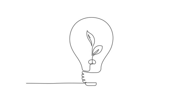 Animated self drawing of continuous line draw clean lightbulb with green leaf organic plant inside icon logo emblem. Ecology safe symbol logotype template concept. Full length single line animation.