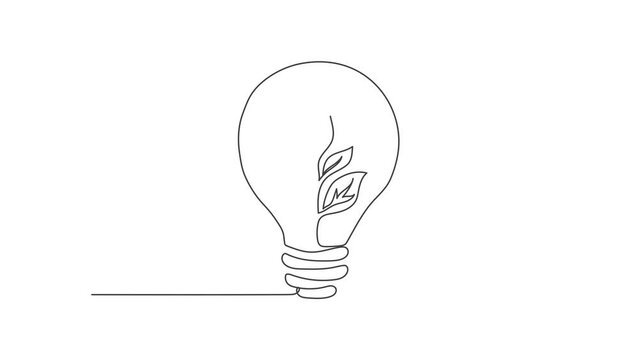 Animated self drawing of single continuous line draw lightbulb with green natural leaf for company logo label. Green power innovation logotype symbol template concept. Full length one line animation.