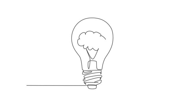 Animation of one line drawing of clean lightbulb with human brain for medical company logo identity. Creative mental health therapy icon concept. Continuous line self draw animated. Full length motion
