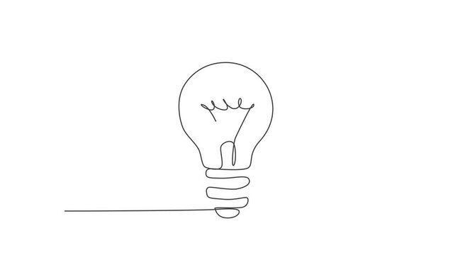 Animation of one single line drawing of clean glass lightbulb for electricity company logo identity. Power electric icon concept. Continuous line self draw animated illustration. Full length motion.