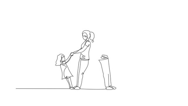 Animation Of One Line Drawing Of Mom And Dad Holding Their Son And Daughter Hand While Dancing Together At Home. Happy Family Parenting Concept. Continuous Line Self Draw Animated. Full Length Motion.