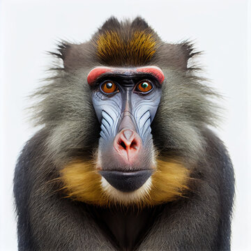 Adult Mandrill portrait isolated on a white background. Generative AI. 
