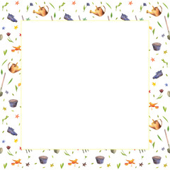 Watercolor frame of a spring pattern with garden flowers, tools and a bird on a white background.