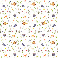 Spring watercolor pattern with flowers, greenery and garden tools on a white background.