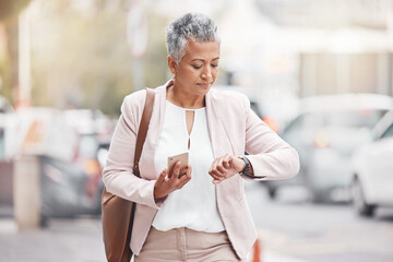 Woman in city, walking and checking time on wrist on morning commute to work or appointment....