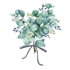 Fototapeta na wymiar Bouquet of eucalyptus branches. Watercolor botanical illustration for the design of invitations, cards, congratulations, posters, prints, stationery. Wedding, birthday, anniversary design. 