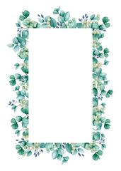 Rectangular frame of eucalyptus branches. Watercolor border for the design of greeting cards, invitations, congratulations, posters, announcements. Wedding, birthday, anniversary design.
