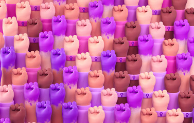 Multi ethnic raised fists of women for International Womens Day and the feminist activism in 3D cartoon illustration. March 8 for independence, empowerment, and movement for women rights - obrazy, fototapety, plakaty