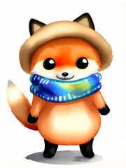Fox in a hat, scarf. Watercolor drawing postcard, big eyes, big head, small body