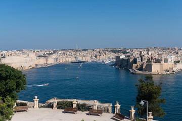 Malta, Valletta, August 2019. View of Fort St. Angelo and the bay.