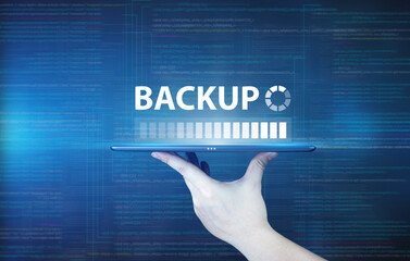 Backup storage, internet technology business concept. backup of data with digital internet cloud technology. Tablet on hand with global network code background
