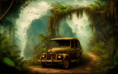 Strange car in fantasy landscape of tropical jungle forest. Generative Al Illustration.