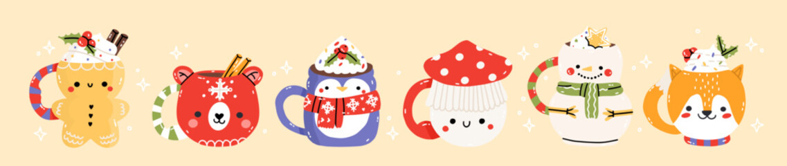 Set od different mug. Christmas chocolate cups with treats, gingerbread, cookies, marshmallow. Childish print for cards, stickers, decoration. Cute menu illustration. New year vector illustration
