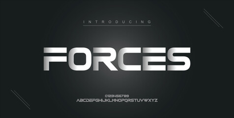 Obraz premium Forces digital modern alphabet new font. Creative abstract urban, futuristic, fashion, sport, minimal technology typography. Simple vector illustration with number