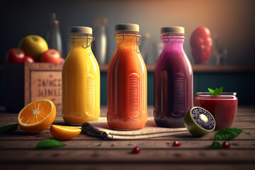 Declicous smoothie fruit juices advertisement style photography, oranges, apples, strawberry, pineapple mix