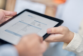 Information, delivery and hands on a tablet for a signature, shipping registration and package form. Ecommerce, service and courier with personal details and identity on tech for a person with a box