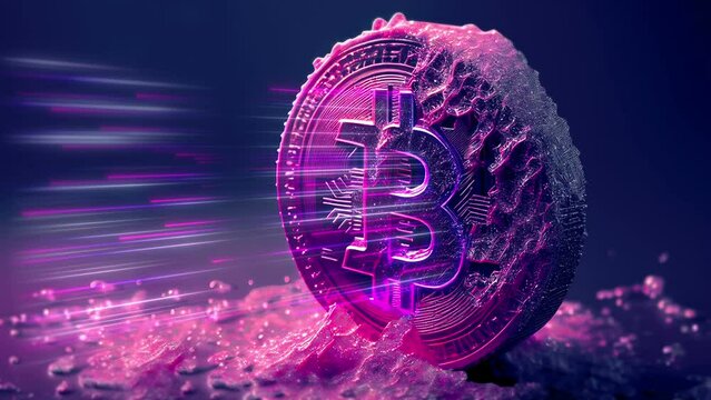 Melting ice bitcoin and rise of most popular cryptocurrency in crypto market. 3D video seamless loop business decentralized currency symbol background.