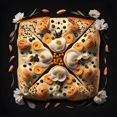 Floral studded bread, a bird eye perspective, dark background