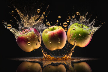 Fototapeta na wymiar apples with it's own juice splashes on a studio background, studio light food advertisement