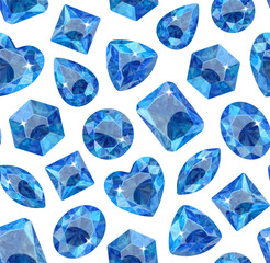Pattern of blue crystals on a white background. Stones of various shapes. Jewelry.