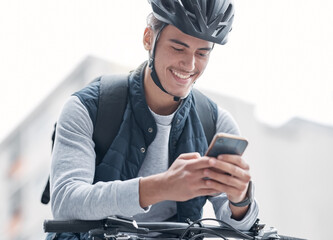 Delivery, bike travel or man with phone in city, street or road for GPS, location or networking...
