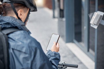 Mockup, bike or man with phone for delivery in city, street or road for GPS, location or networking...