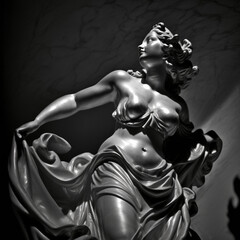 Fototapeta na wymiar A Female Torso, Captured in Exquisite Detail and Rendered in a Classical, Sculptural Style Reminiscent of the Baroque Era. The Torso Femenino Is Depicted in a Dynamic Pose, With Arms Raised. AI