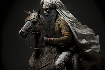 Fototapeta na wymiar sultan or caliph, king, riding a horse, with a turban, generative ai