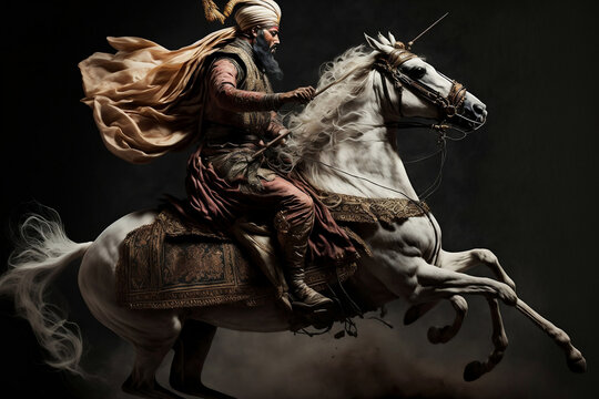 sultan or caliph, king, riding a horse, with a turban, generative ai