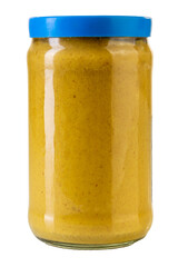Mustard in glass jar with blue stopper