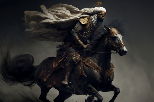 sultan or caliph, king, riding a horse, with a turban, generative ai