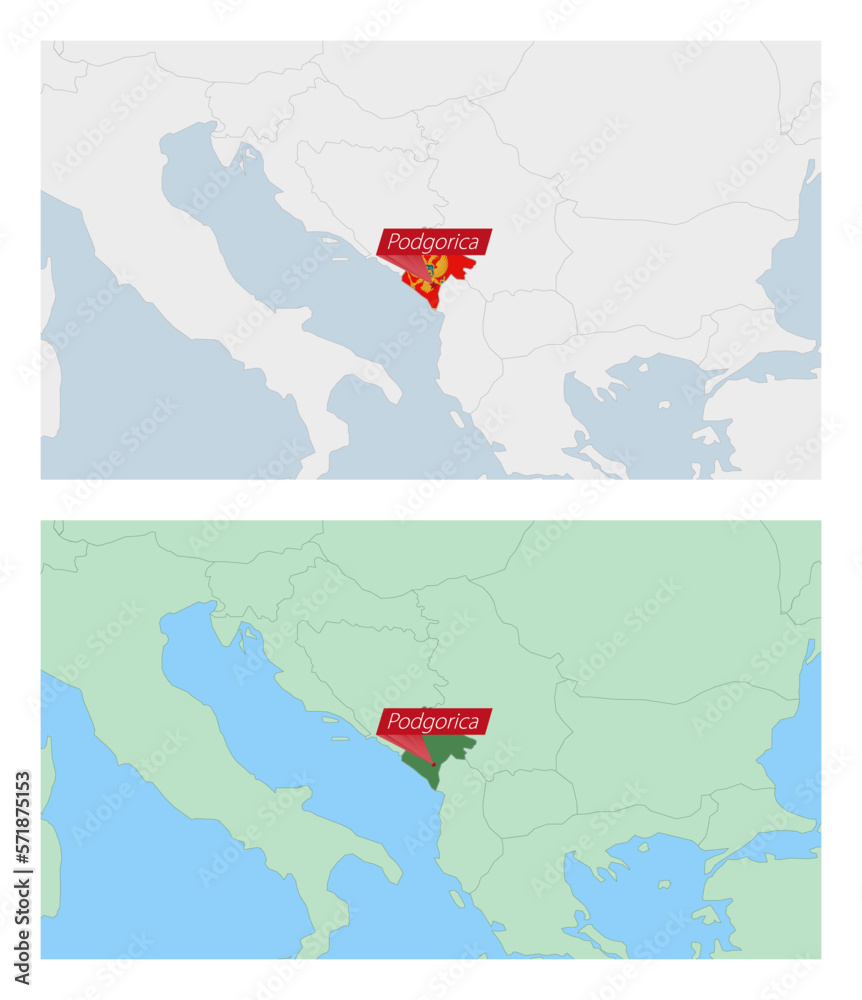 Wall mural montenegro map with pin of country capital. two types of montenegro map with neighboring countries.