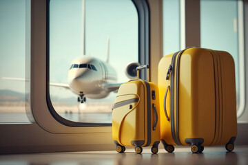 Yellow Suitcases in airport. Travel concept. Generative Ai.