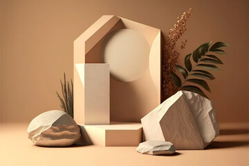 Biege geometric Stone and Rock shape background, showcase for product. Generative Ai.