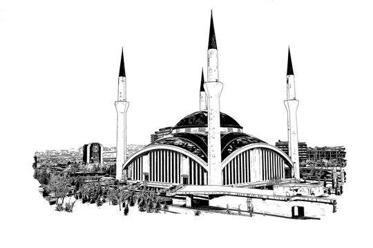 Ahmet Hamdi Akseki Mosque, Ankara, Turkey, ink sketch illustration.