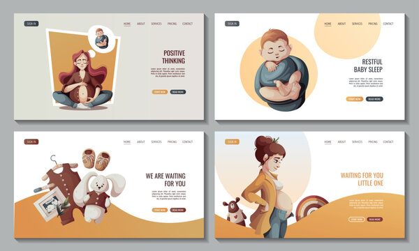 Set of web pages with pregnant women, newborn baby boy, baby clothes and toys. Motherhood, Pregnancy, Childbirth, baby waiting, baby store concept. Vector Illustration for poster, banner, website.