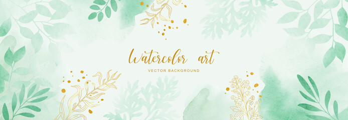 Green leaves horizontal banner. Wild herbs, sagebrush leaves, line art on hand drawn splash background. Watercolor style card. Vector illustration.