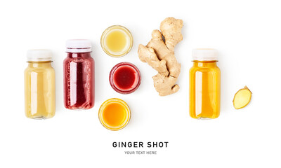 Fresh ginger shot bottles set isolated on white background.