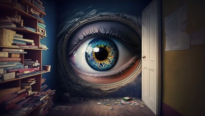 abstract surreal illustration of a big eye look in hole of a room with book shelf , idea for question and answer theme, Generative Ai