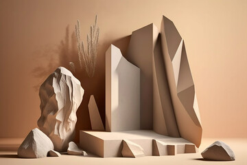 Biege geometric Stone and Rock shape background, showcase for product. Generative Ai.