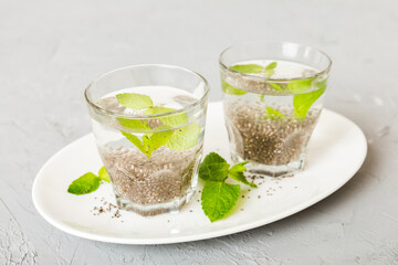 Healthy breakfast or morning with chia seeds and mint on table background, vegetarian food, diet...