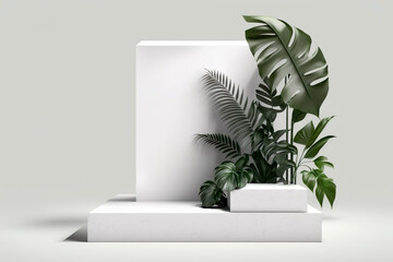 Step podium on a white background for the presentation with a plants. Generative Ai.