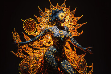 Abstract fantasy dancer. Exotic astral dance. Shaman Dance in honor of the Sun. Post-processed generative AI	