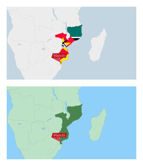 Mozambique map with pin of country capital. Two types of Mozambique map with neighboring countries.