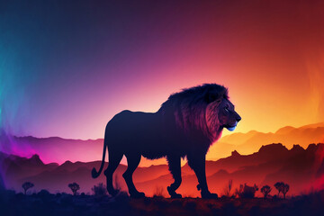 Fototapeta premium mighty lion standing on the savanna, with color gradient background, generative ai